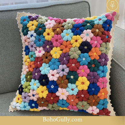 Boho Crochet Flowery Pillow Cover