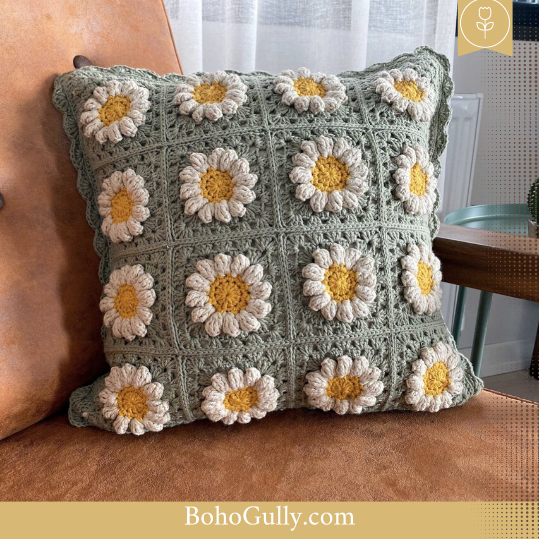 Boho Crochet Green Pillow Cover