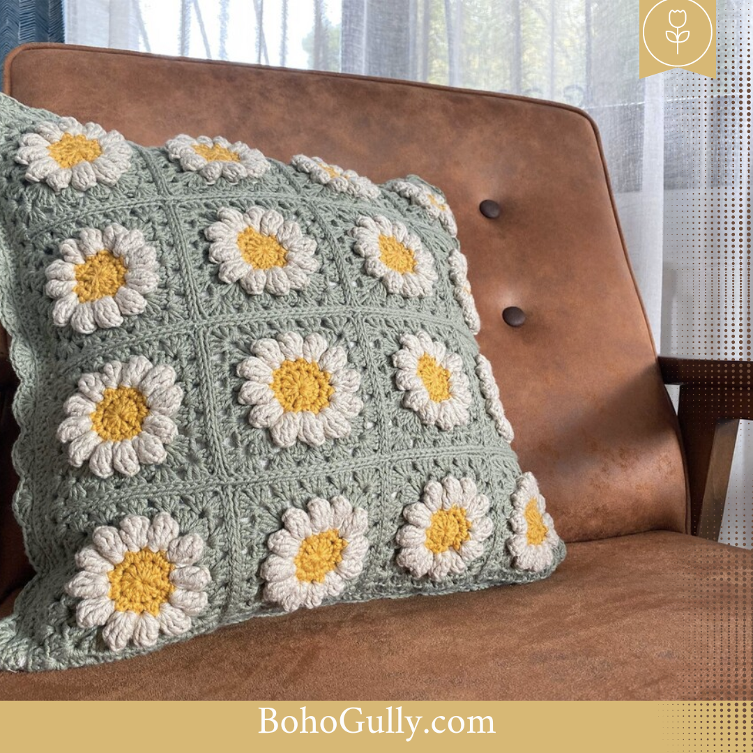 Boho Crochet Green Pillow Cover